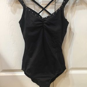 Black leotard with rhinestones on straps